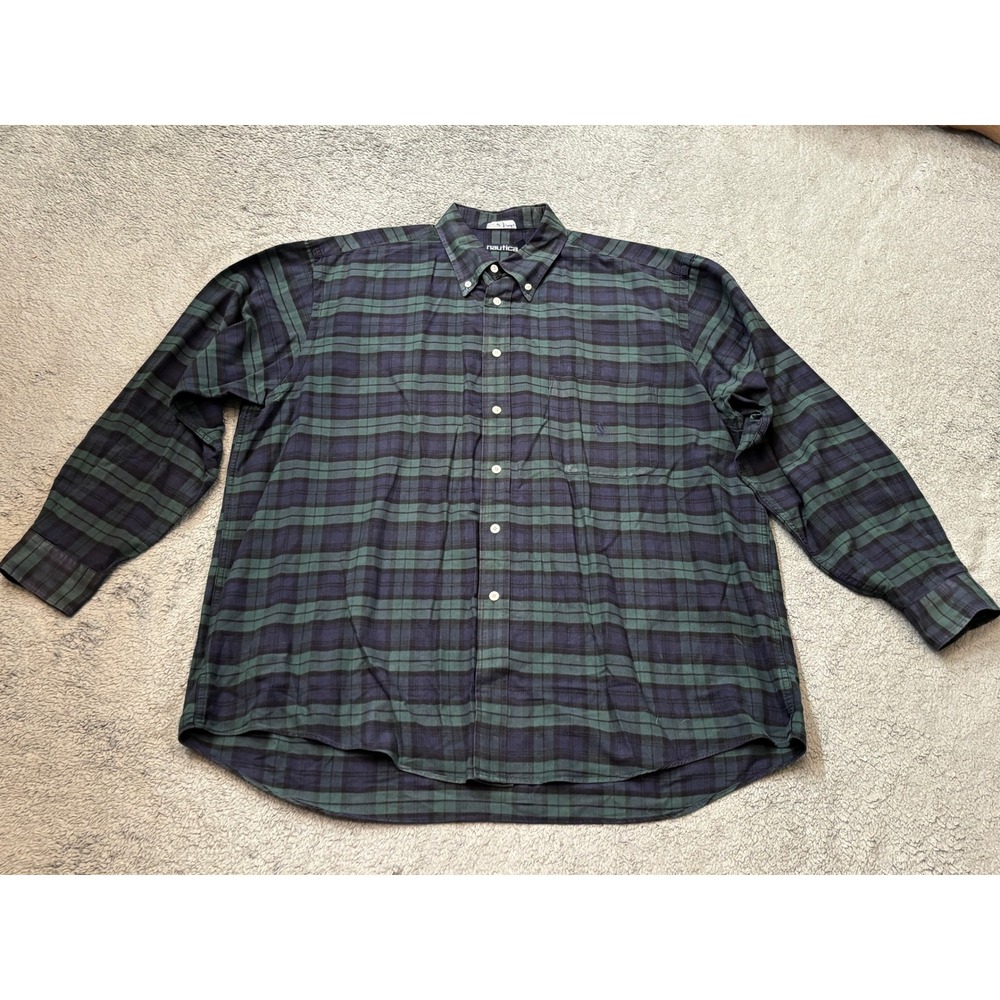 Nautica Mens XL Long Sleeve Plaid Button Down Shirt Green Navy Blue Cotton